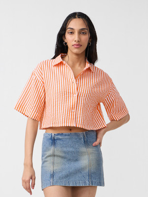 The Souled Store Women Striped Casual Orange Shirt