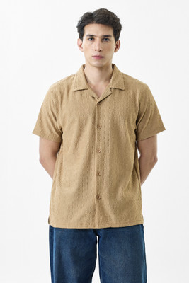 Snitch Men Self Design Casual Beige Shirt