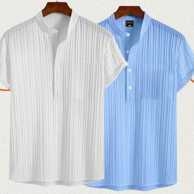 Looksky Men Self Design Casual White, Light Blue Shirt(Pack of 2)