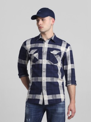 JACK & JONES Men Checkered Casual Dark Blue, White Shirt