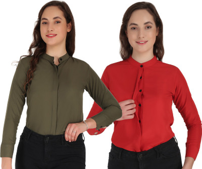 HEAVENS CREATIONS Women Solid Casual Red, Orange Shirt(Pack of 2)