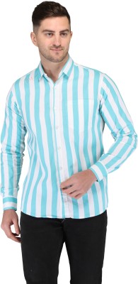youth first Men Striped Casual Light Blue, White Shirt