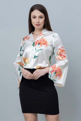 PURYS Women Floral Print Casual White, Orange Shirt