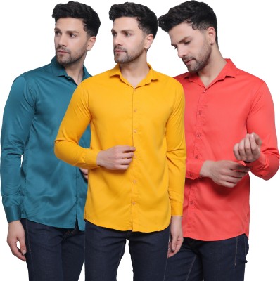 FILNECH Men Solid Casual Dark Green, Yellow, Orange Shirt(Pack of 3)