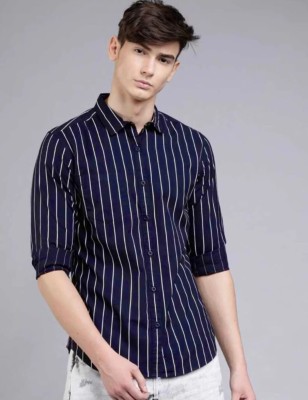 FATTY MOUSE Men Striped Casual Blue Shirt