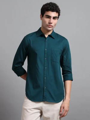 Look At Me Men Solid Formal Dark Green Shirt