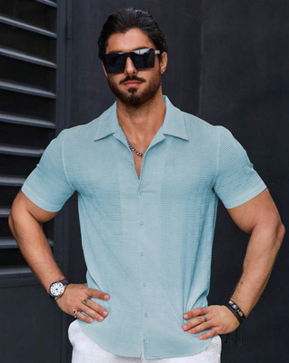 YUKAX Men Solid Casual Light Blue Shirt