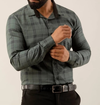 SO HIGH Men Checkered Formal Green Shirt