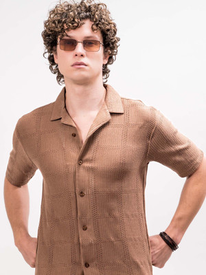 MANIAC Men Self Design Casual Brown Shirt