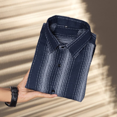 DUCCKCREATION Men Striped Formal Blue Shirt