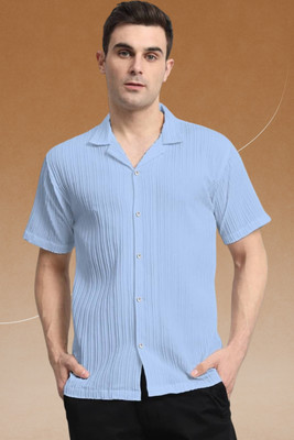 A DEEMOON TREND Men Striped Casual Light Blue Shirt