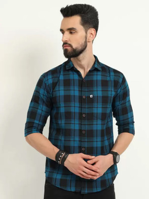 James & Warne Men Checkered Casual Blue Shirt