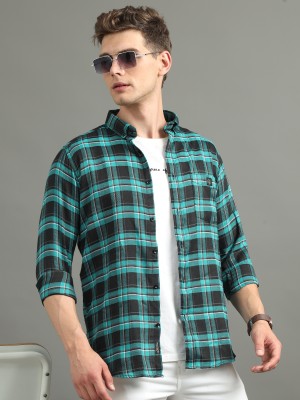 Indi Hemp Men Checkered Casual Green, Black Shirt