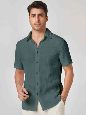 VODPROS Men Self Design Casual Grey Shirt
