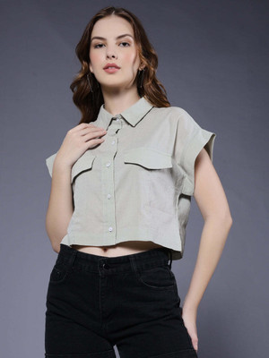 Pronk Women Solid Casual Light Green Shirt