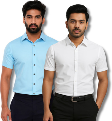 RAREMARK Men Solid Formal Blue, White Shirt(Pack of 2)