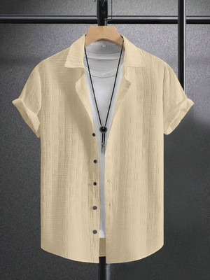 BUSCOT Men Self Design Casual Cream Shirt