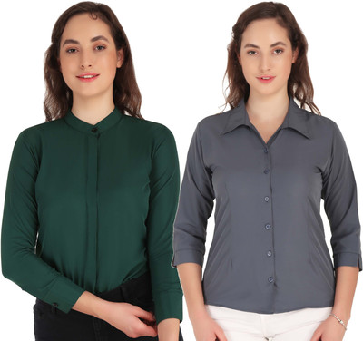 Mamnoon Women Solid Formal Grey, Dark Green Shirt(Pack of 2)