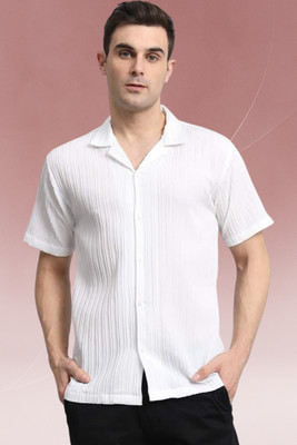 A DEEMOON TREND Men Striped, Self Design, Solid Casual White Shirt