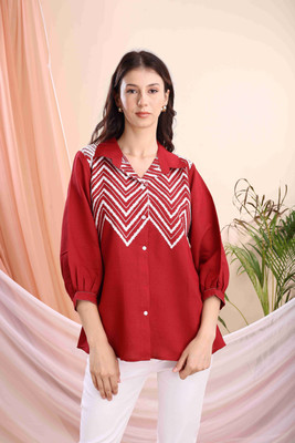 Kalavrund Creation Women Embroidered Casual Red Shirt