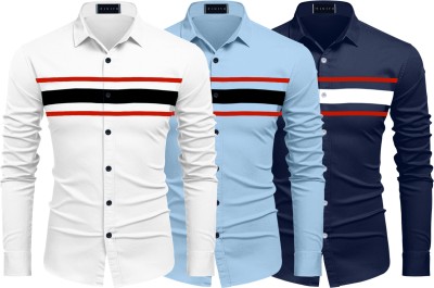 ROYAL SCOUT Men Striped Casual White, Light Blue, Dark Blue Shirt(Pack of 3)