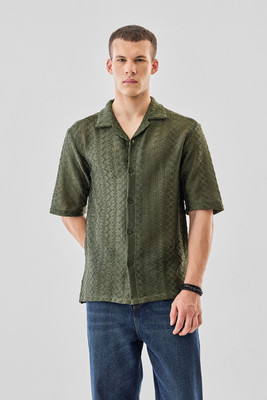 Snitch Men Self Design Casual Green Shirt