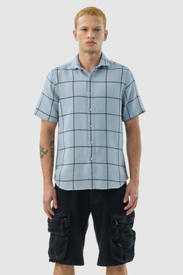 Snitch Men Checkered Casual Light Blue Shirt