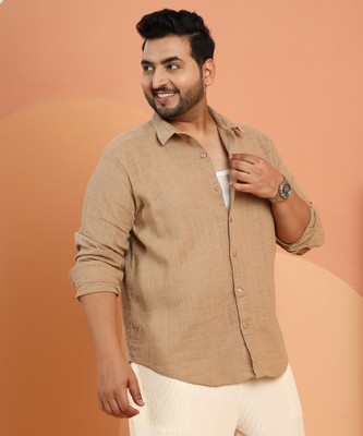 Instafab Plus Men Solid Casual Beige Shirt