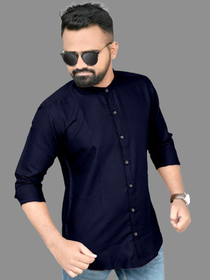 MILDIN Men Solid Casual Dark Blue Shirt