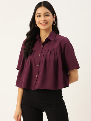 SLENOR Women Solid Casual Purple Shirt