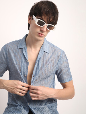 Voroxy Men Self Design Casual Blue Shirt