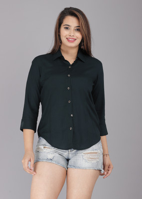 HouseOfCommon Women Solid Casual Dark Green Shirt