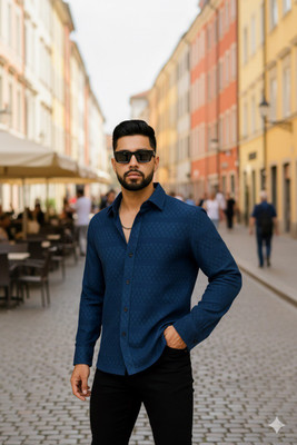 Crivion Men Self Design Casual Blue Shirt