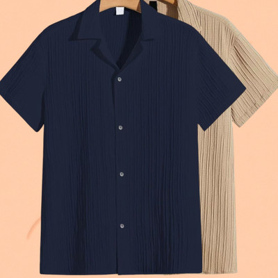 Jenil Fashion Men Self Design Casual Dark Blue, Cream Shirt