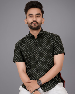 METRONAUT Men Printed Casual Dark Green, White Shirt