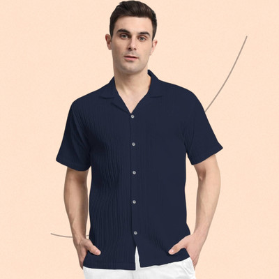 A Sti Men Self Design Casual Dark Blue Shirt