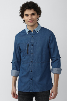 FOREVER 21 Men Solid Casual Blue Shirt