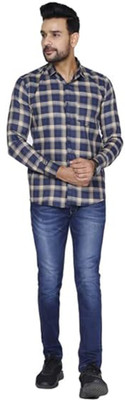 Abdullahkhan Men Checkered Formal Blue, Beige Shirt