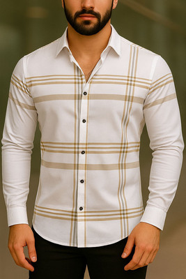 JACKBELLA Men Checkered Casual White Shirt