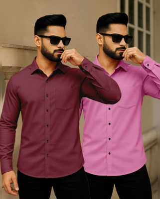 AITAVIKOVERSEAS Men Solid Casual Maroon, Pink Shirt(Pack of 2)