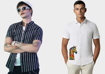 Emporium Men Striped, Solid Casual Blue, White Shirt(Pack of 2)