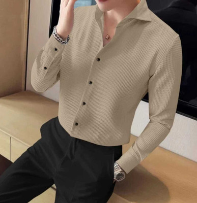 Wearich Men Self Design Casual Beige Shirt