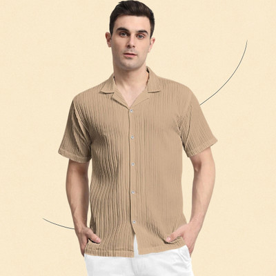 A COMBRAIDED Men Self Design Casual Brown Shirt