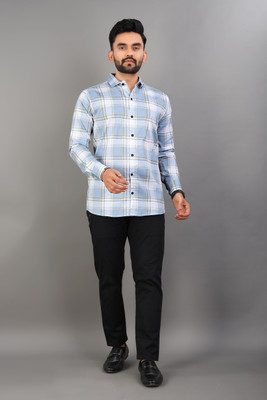 ISUEL FAB Men Checkered Formal Light Blue Shirt