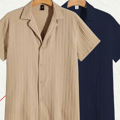 Looksky Men Self Design Casual Cream, Dark Blue Shirt
