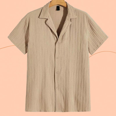 Jenil Fashion Men Solid, Striped Casual Cream Shirt