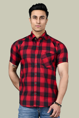 BlackLilly Men Checkered Casual Black, Red, Maroon Shirt