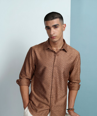 HIGHLANDER Men Self Design Casual Brown Shirt
