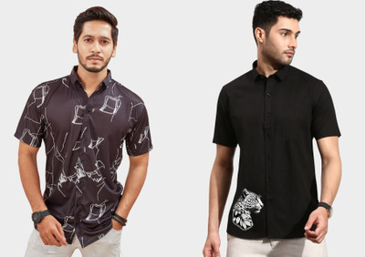 Emporium Men Striped, Printed Casual Black Shirt(Pack of 2)