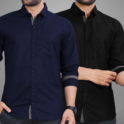 BROWEARS Men Solid Casual Blue, Black Shirt(Pack of 2)